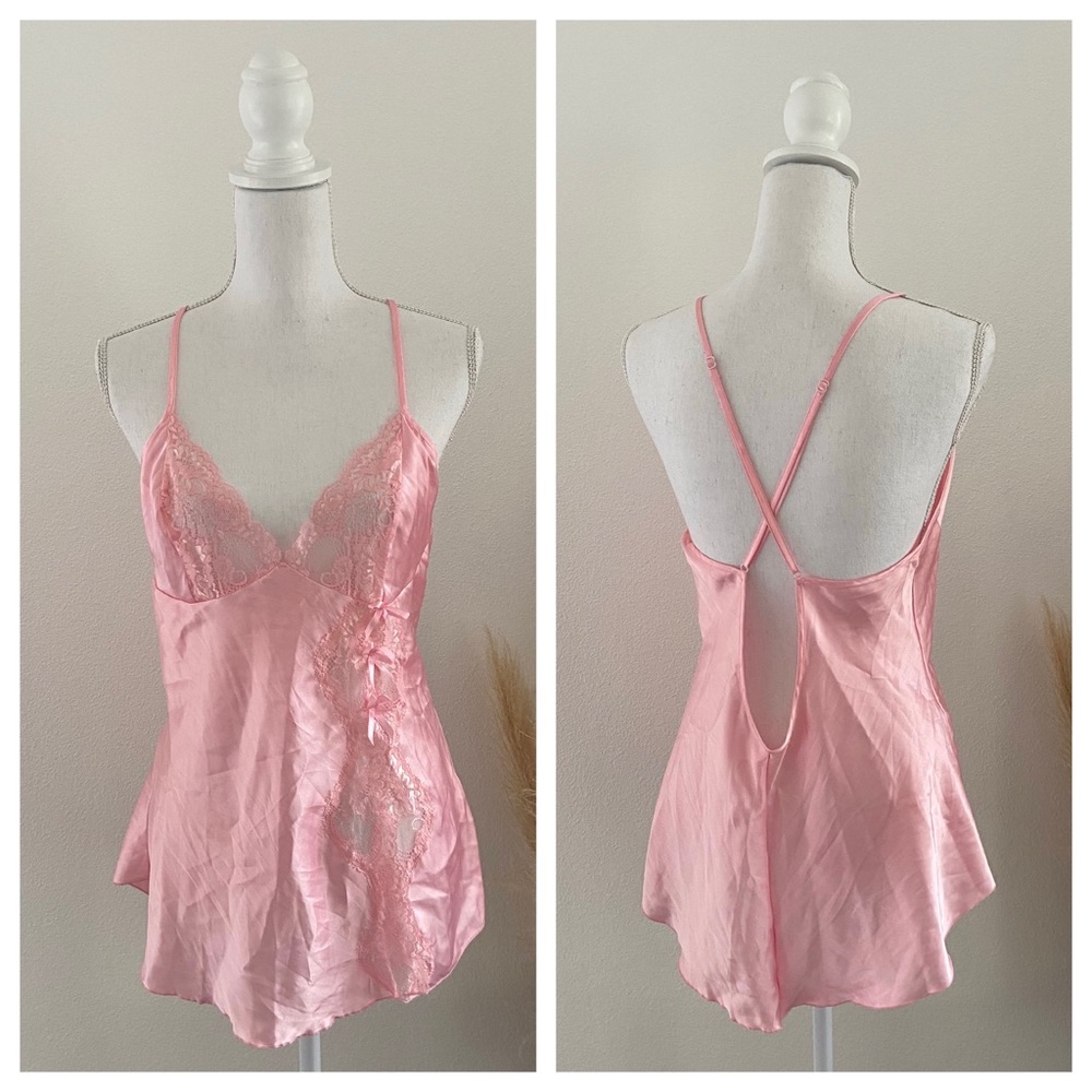 Vintage Frederick’s of Hollywood pink satin nightie sheer lace lingerie slip OS